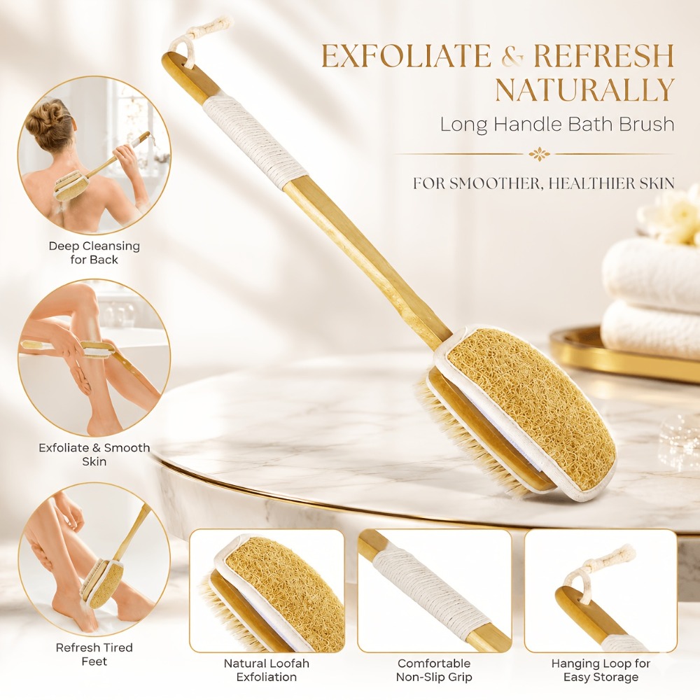 Body Loofah Natural - فرشاة استحمام بمقبض خشبي طويل، مصنوعة